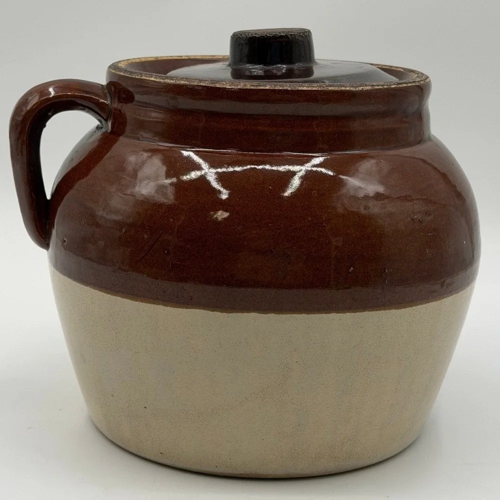 Vintage Robinson Ransbottom Blue Crown 3 Two Tone Stoneware Bean Pot with Lid
